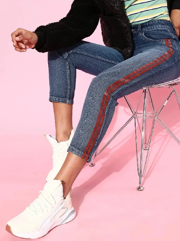 Blue Side Stripe Slouchy Jeans Comfortable Zip-Fly Denim Jeans