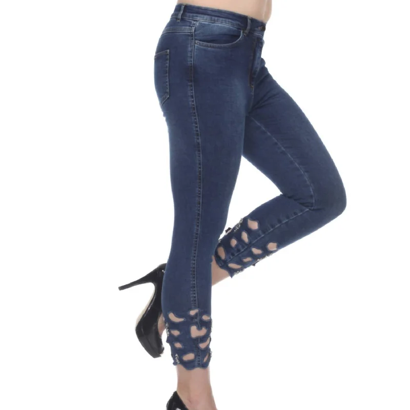 Embellished Cut Out Jeans In Blue Classic Blue Denim Jeans