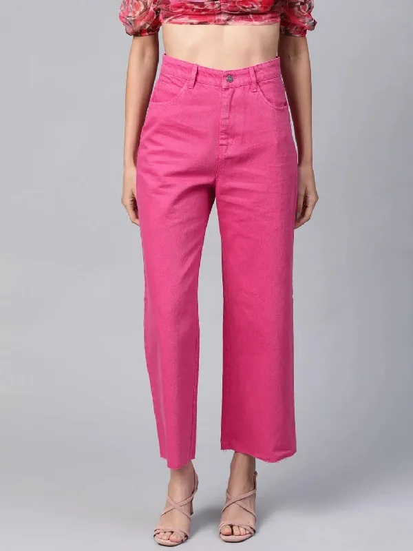 Fuchsia Raw Edge Jeans Stylish Acid-Wash Jeans