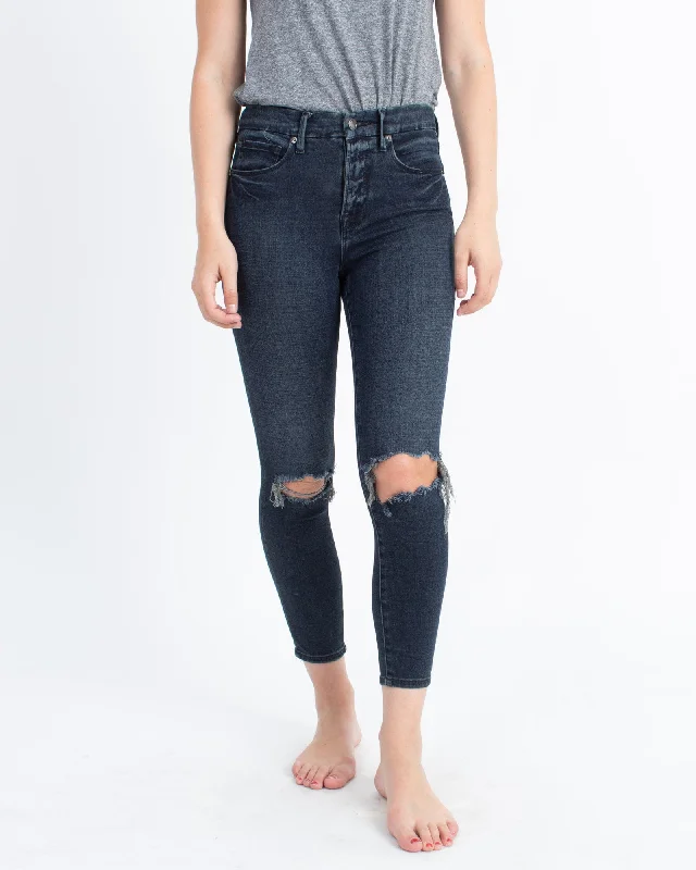 "Good Waist Crop" Distressed Jeans Trendy Pleated Waist Jeans
