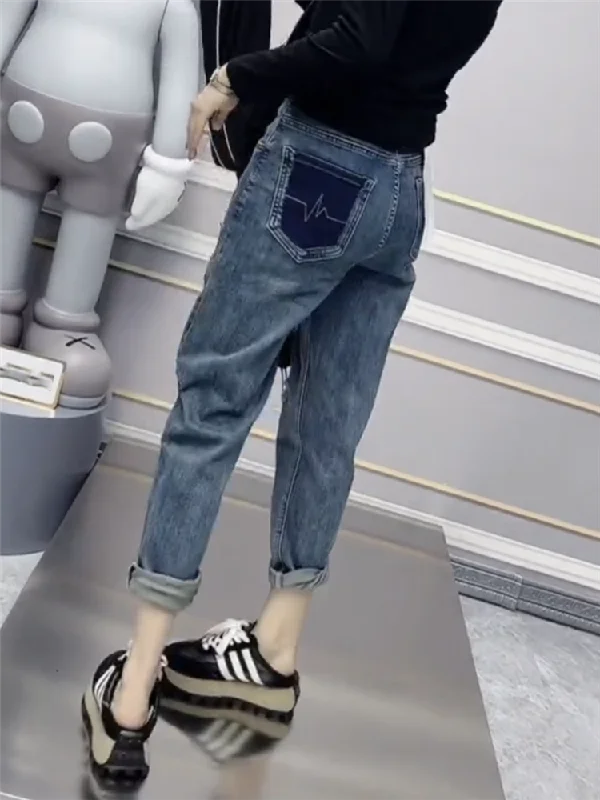 High Waist Contrast Color Ninth Chubby Girl mm Slimming Jeans Classic Slim Fit Jeans