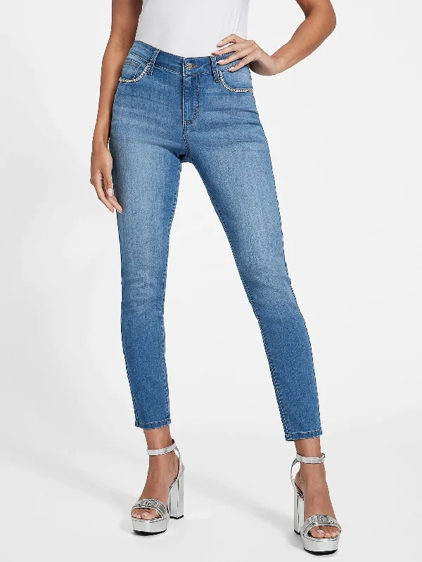 Larissa Chain-Link Jeans Stylish Stone-Wash Denim Jeans