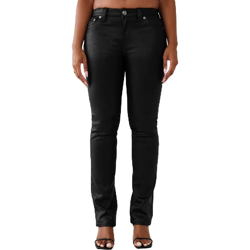 True Religion Womens High Rise Coated Straight Leg Jeans Trendy Patchwork Denim Jeans