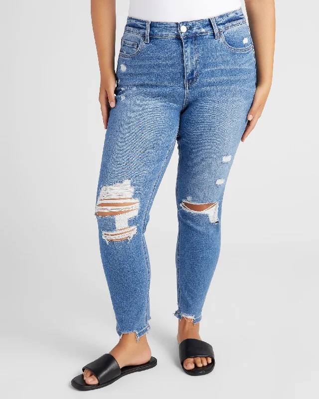 Plus Size Distressed Mid Rise Ankle Skinny Jeans Fashionable Slim Fit Jeans