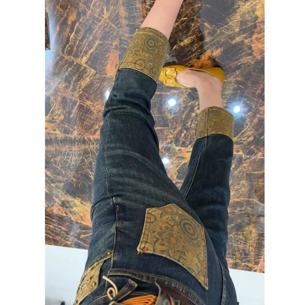 Vintage Printed Jeans For Women Spring And Fall Plus-size Slimming Classic Blue Denim Jeans