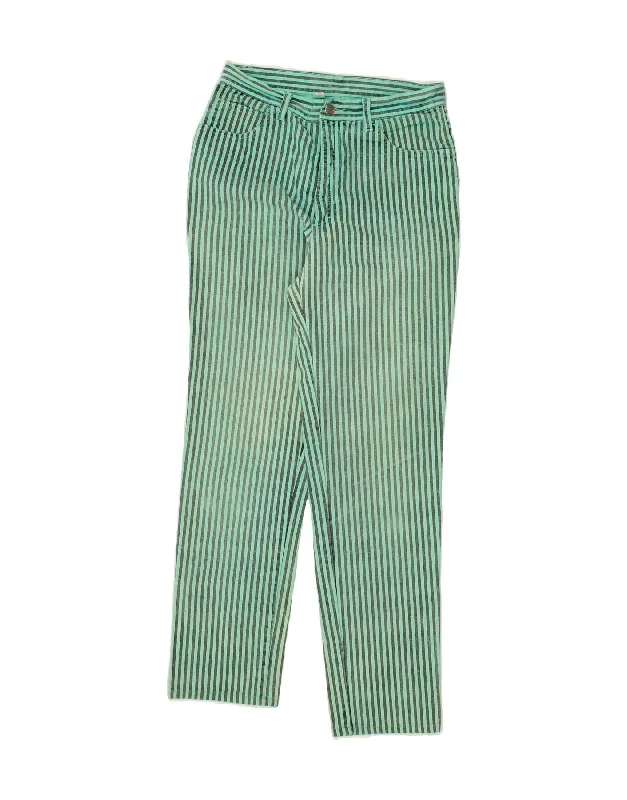 VINTAGE Womens Slim Jeans W33 L32 Green Striped Cotton Fashionable Raw Edge Jeans