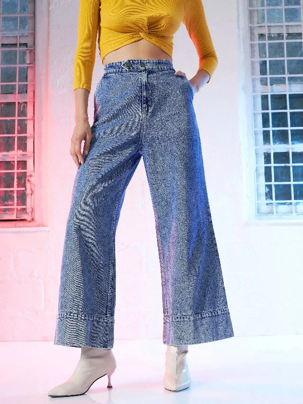 Women Basic Blue Wide Leg Extended Bottom Jeans Elegant Bootcut Fit Jeans