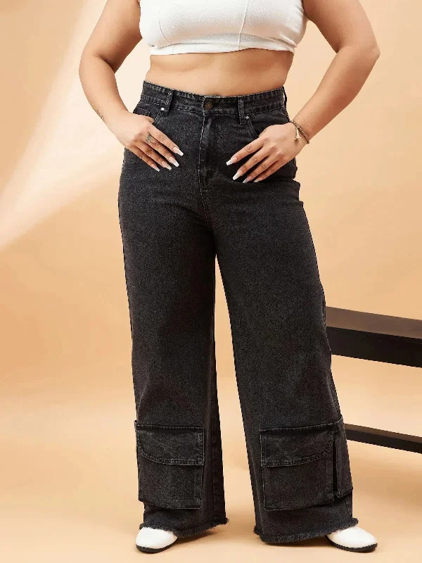 Women Black Blast Hem Pockets Straight Jeans Casual Straight-Leg Jeans