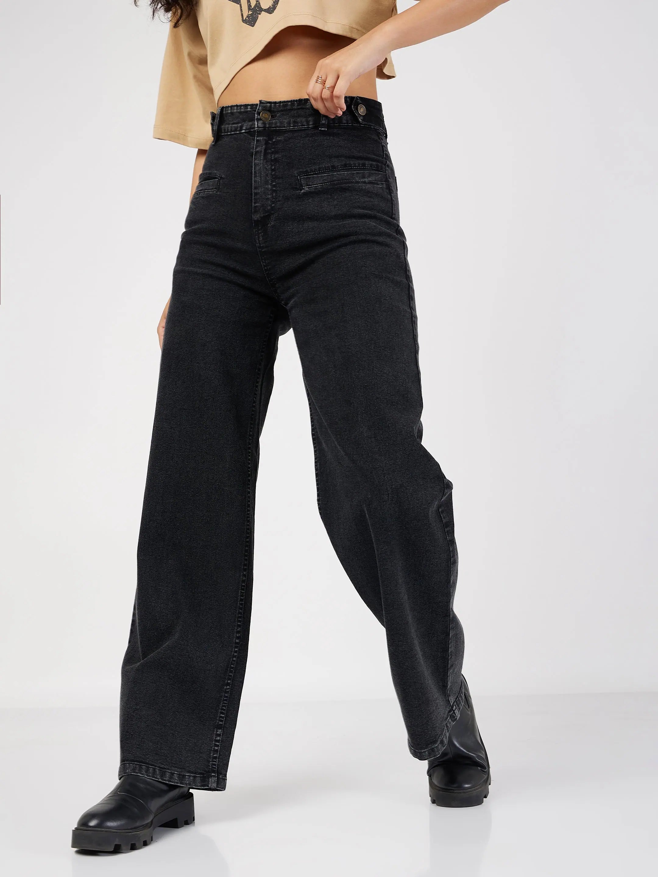 Women Black Bone Pocket Straight Jeans Elegant High-Waisted Flared Jeans