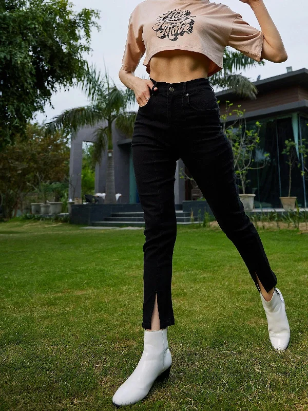 Women Black Hem Slit Relax Premium Jeans Stylish Shredded Denim Jeans