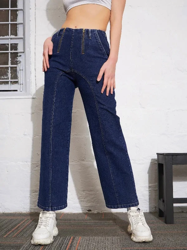 Women Blue Blast Zipper Detail Straight Jeans Stylish High-Waisted Denim