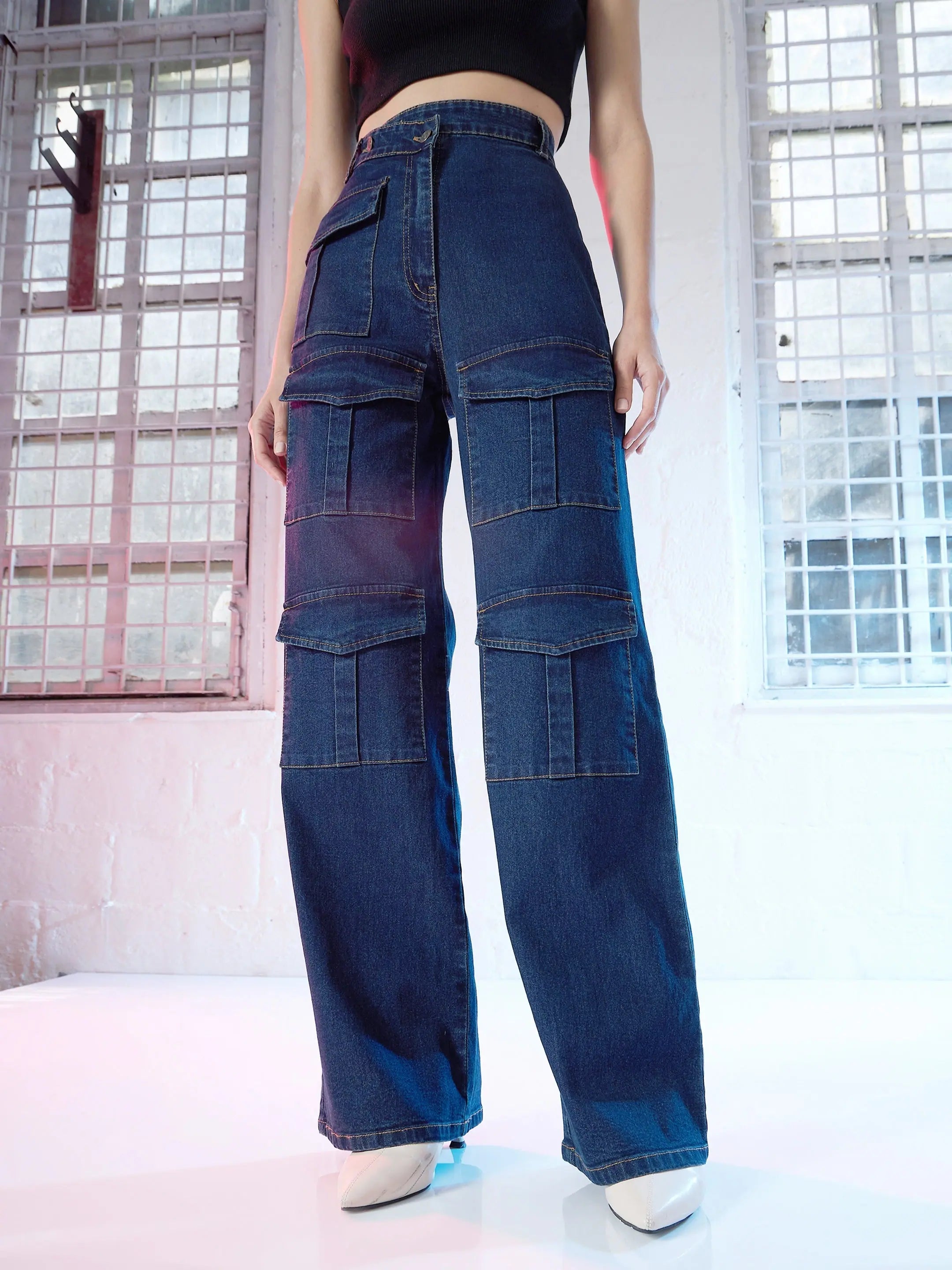 Women Blue Cargo Straight Jeans Stylish Acid-Wash Jeans