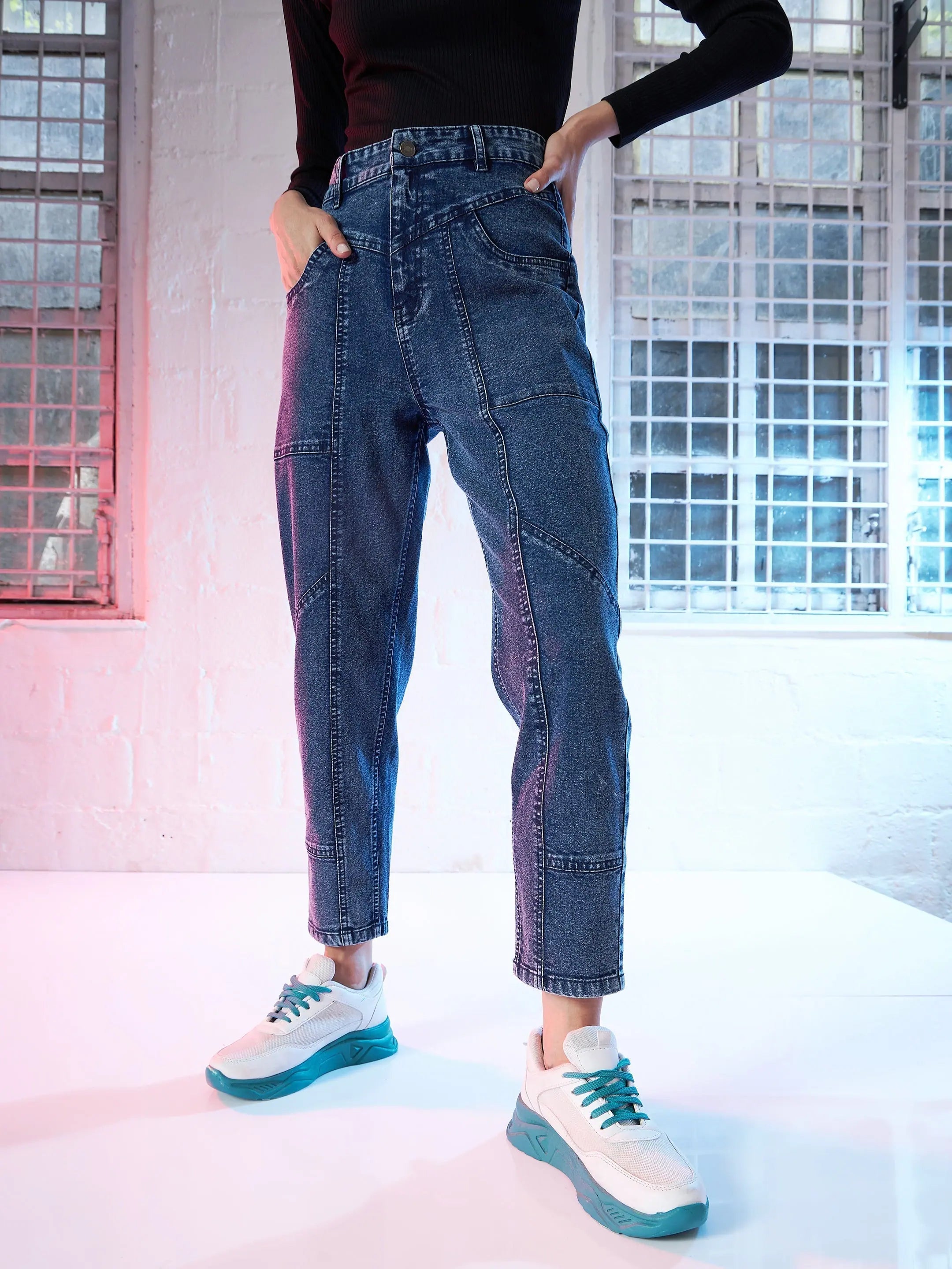 Women Blue Denim Relax Fit Cropped Jeans Classic Blue Denim Jeans