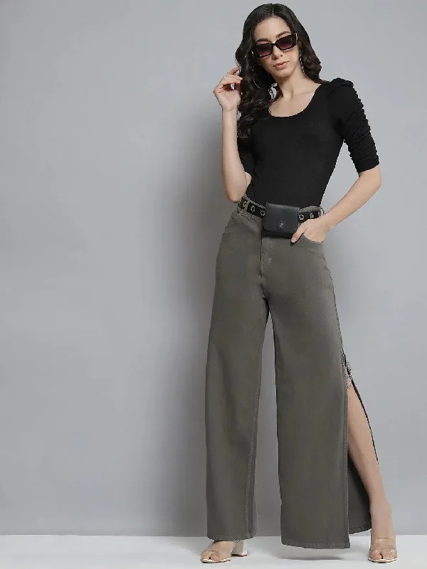 Women Grey Side Chain Slit Jeans Elegant Tapered Leg Denim