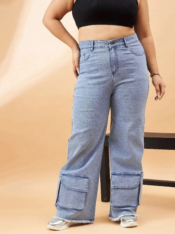 Women Ice Blue Hem Pockets Straight Jeans Cozy Relaxed Fit Denim Jeans