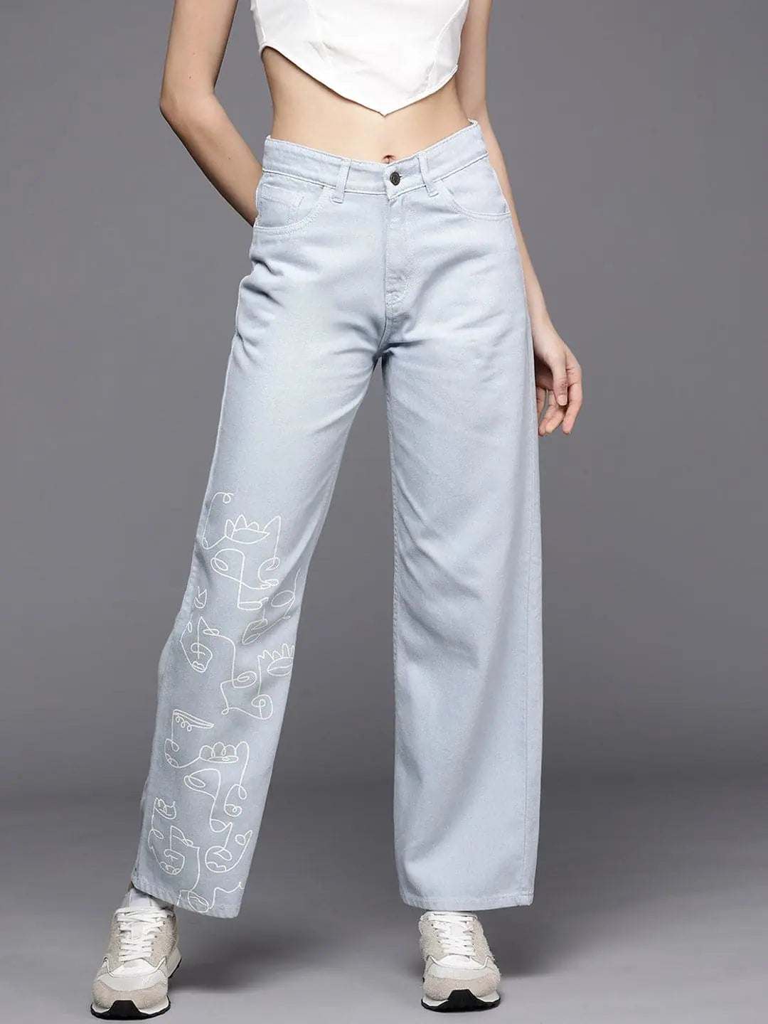 Women Ice Blue Line Art Print Straight Jeans Casual Distressed Denim Jeans