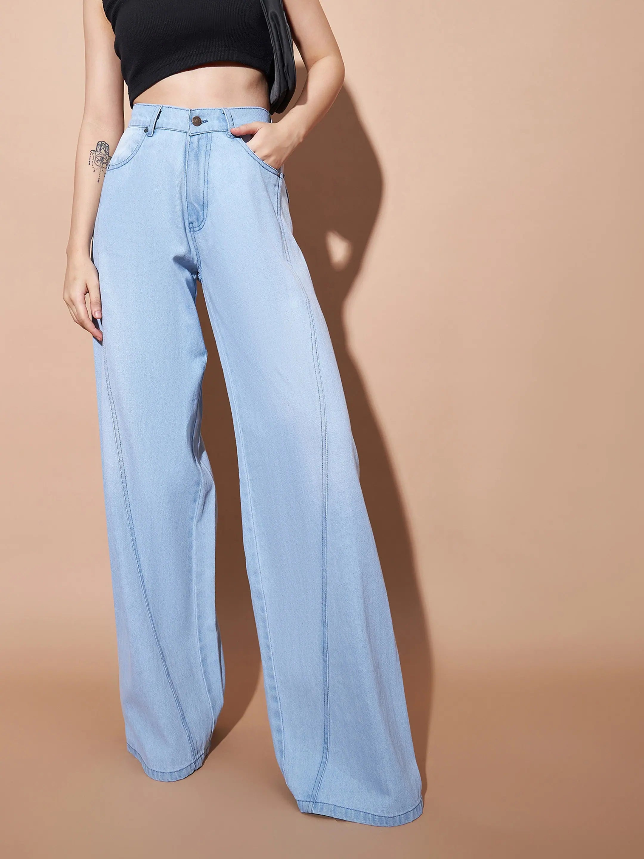 Women Ice Blue Seam Detail Wide Leg Jeans Trendy Pleated Waist Jeans
