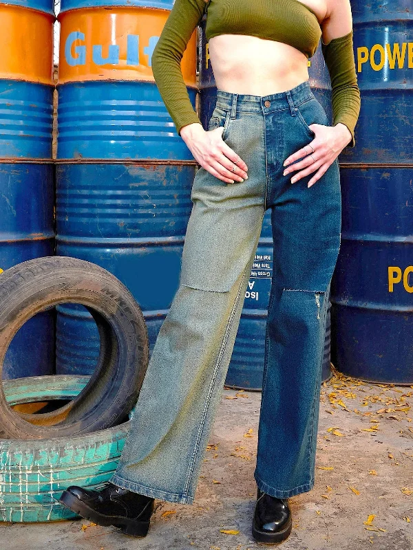Women Navy Colour Block Straight Jeans Stylish High-Waisted Denim