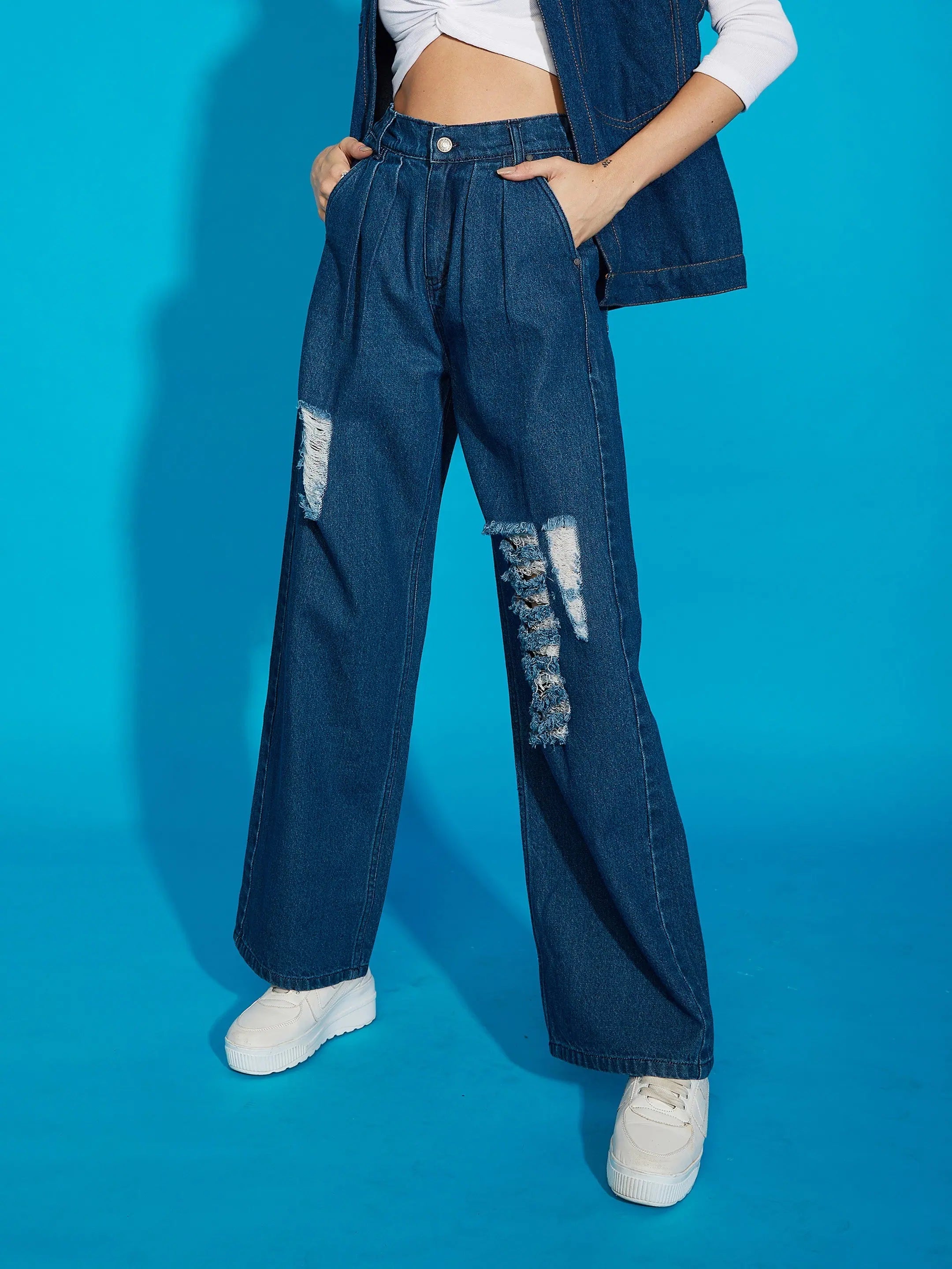 Women Navy Wash Distress Baggy Fit Jeans Chic Double Waistband Jeans