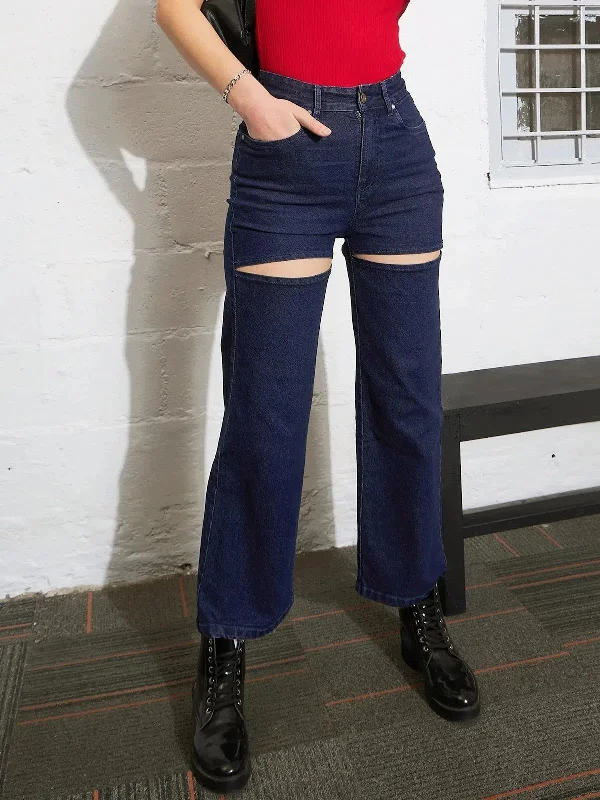 Women Navy Washed Thigh Cut Out Straight Jeans Comfortable Full-Length Denim Jeans