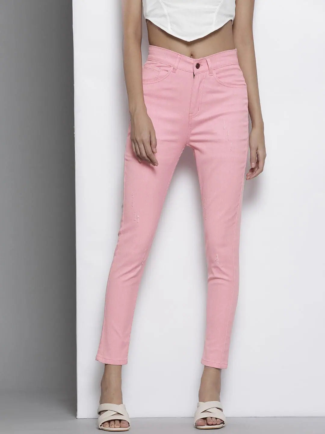 Women Pink Stretchable Twill Skinny Jeans Trendy Paperbag Waist Jeans
