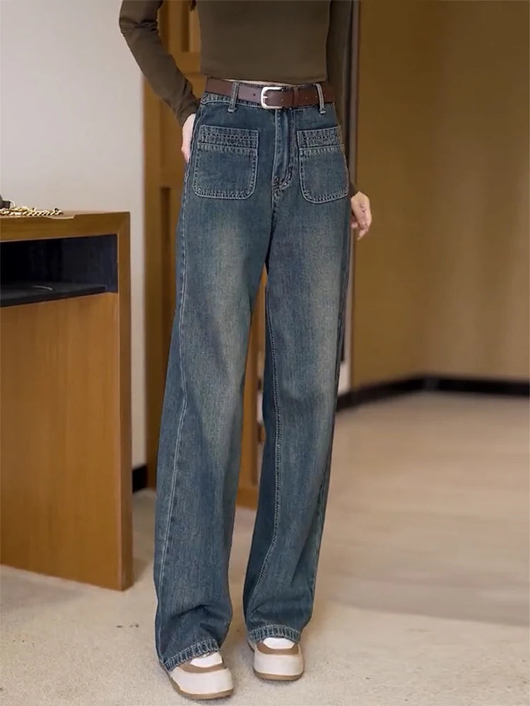 Y2k Jeans Large Size Retro Straight Leg Women's Jeans Loose High Waist Thin Elegant Wide-Leg Jeans Y2k Jeans Large Size Retro Straight Leg Women's Jeans Loose High Waist Thin Elegant Wide-Leg Jeans