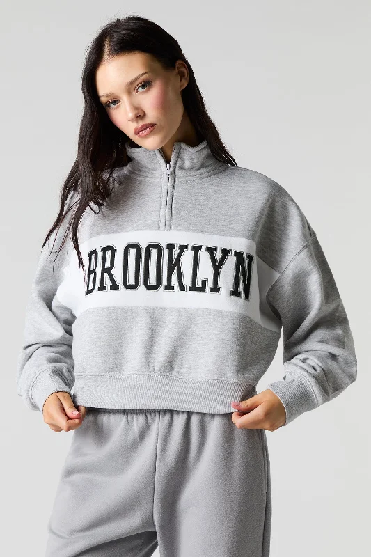 City Twill Embroidered Quarter Zip Fleece Sweatshirt Hoodie with Sequins Glamorous Eye-catching City Twill Embroidered Quarter Zip Fleece Sweatshirt Hoodie with Sequins Glamorous Eye-catching