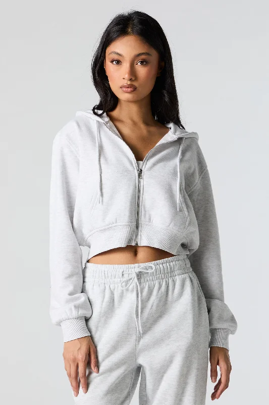 Fleece Zip-Up Cropped Hoodie Hoodie with Raw Hem Edgy Unfinished
