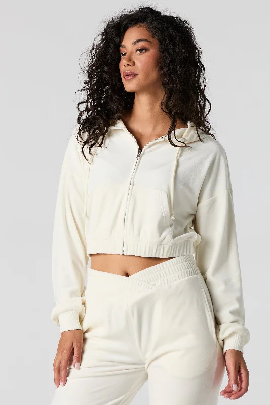 Velour Cropped Zip-Up Hoodie Hoodie with Earth Tones Natural Calm