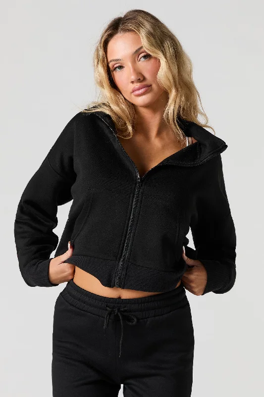 Fleece Mock Neck Zip-Up Sweatshirt Hoodie with Velcro Closure Adjustable Secure