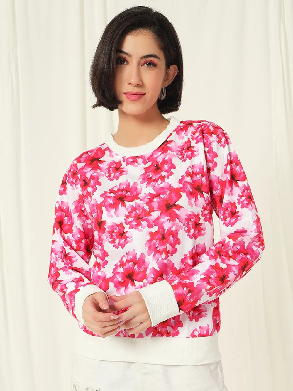 TANDUL  Women Full Sleeve Floral Print Sweatshirt Hoodie with Typography Text Message