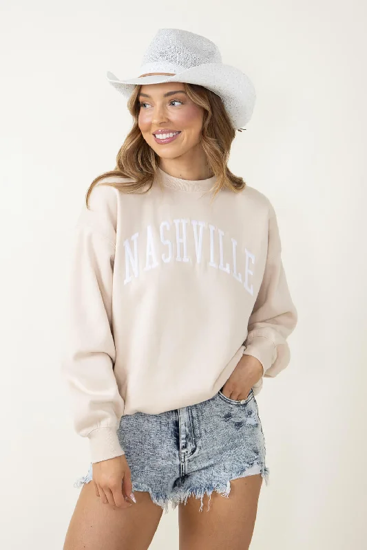 1897 Active Nashville Sweatshirt for Women in Tan | GT083-NASHVILLE-CREAM Hoodie with Hem Embroidery Detailed Premium