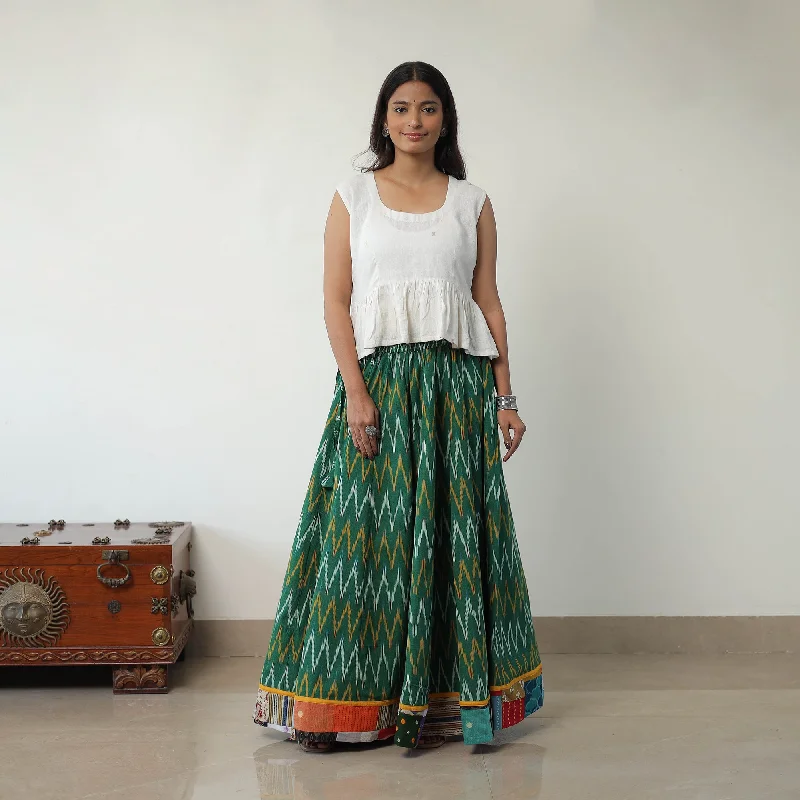 Green - 24 Kali Cotton Pochampally Ikat Skirt with Border 01 flowy skirt hem