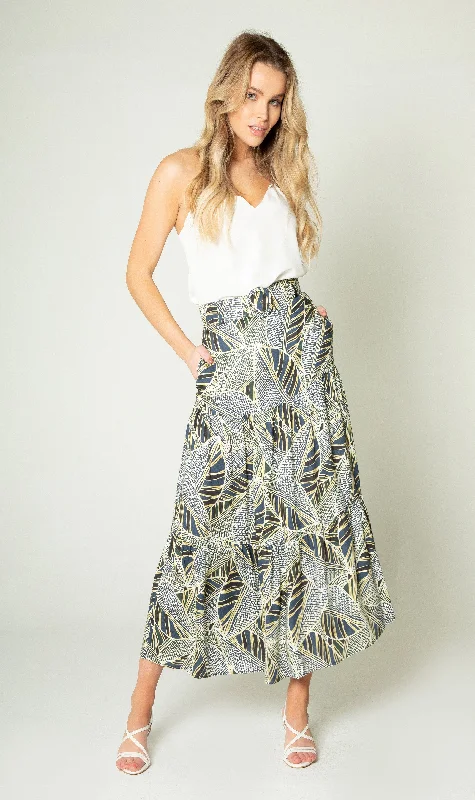 Leaf Printed Full Maxi Skirts ribbed skirt waist