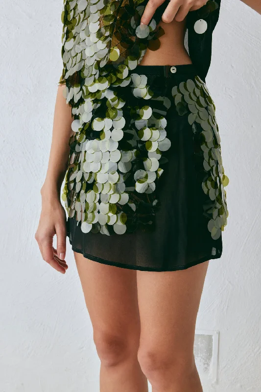 Anok Sequin Mini Skirt Olive velvet skirt plush