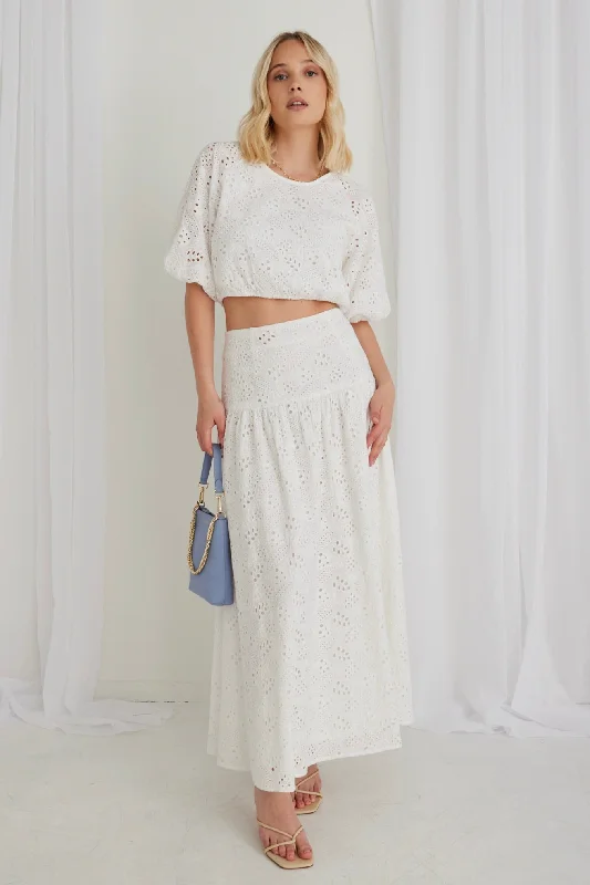 Aquarius White Broidery Anglaise Tiered Split Front Maxi Skirt relaxed fit skirt