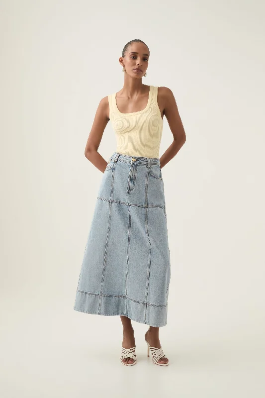 Aura Denim Midi Skirt pleated skirt texture
