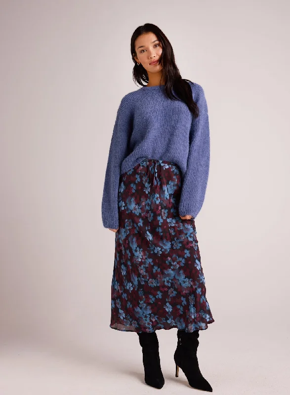 Bias Midi Skirt with Tie - Berry Bloom Print slim fit skirt