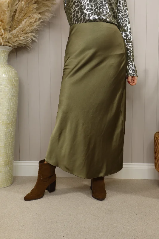 Beatrice Flair skirt Khaki silk skirt sleek