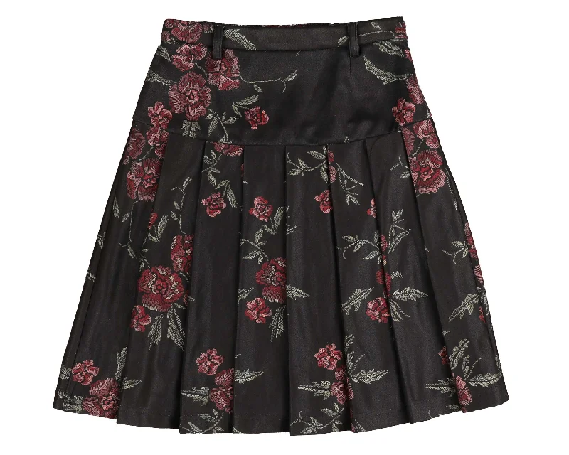 Belati Black Floral Pleated Skirt velvet skirt sumptuous