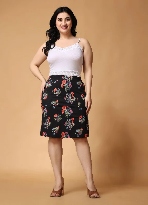 Black Floral Printed Midi Skirt button skirt front