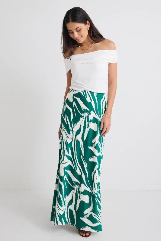 Breathe Green Zebra Satin Bias Maxi Skirt silk skirt luxurious
