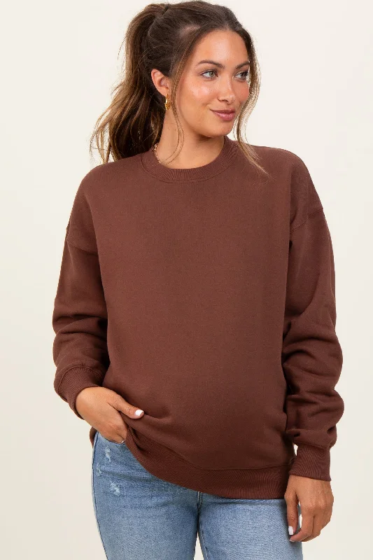 Brown Fleece Crew Neck Relaxed Fit Maternity Sweatshirt Hoodie with High Neck Warm Protective Brown Fleece Crew Neck Relaxed Fit Maternity Sweatshirt Hoodie with High Neck Warm Protective