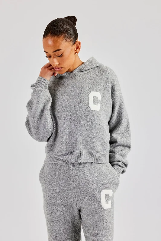 C Knitted Hoodie - Grey Hoodie with Contrast Stitching Detailed Premium