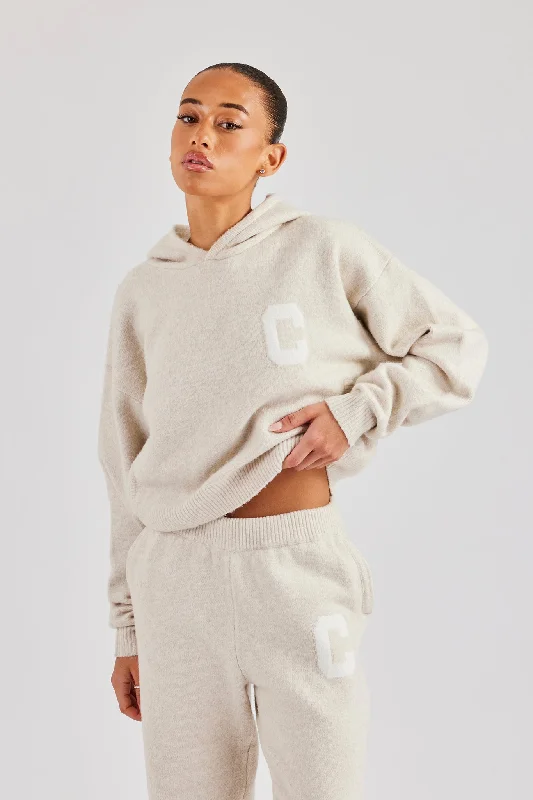 C Knitted Hoodie - Oatmeal Hoodie with Crew Neck Simple Timeless