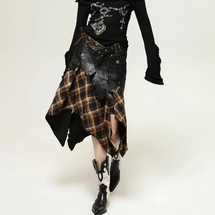 Casual Minimal Goth Asymmetrical Cut Plaid Skirt leather skirt modern