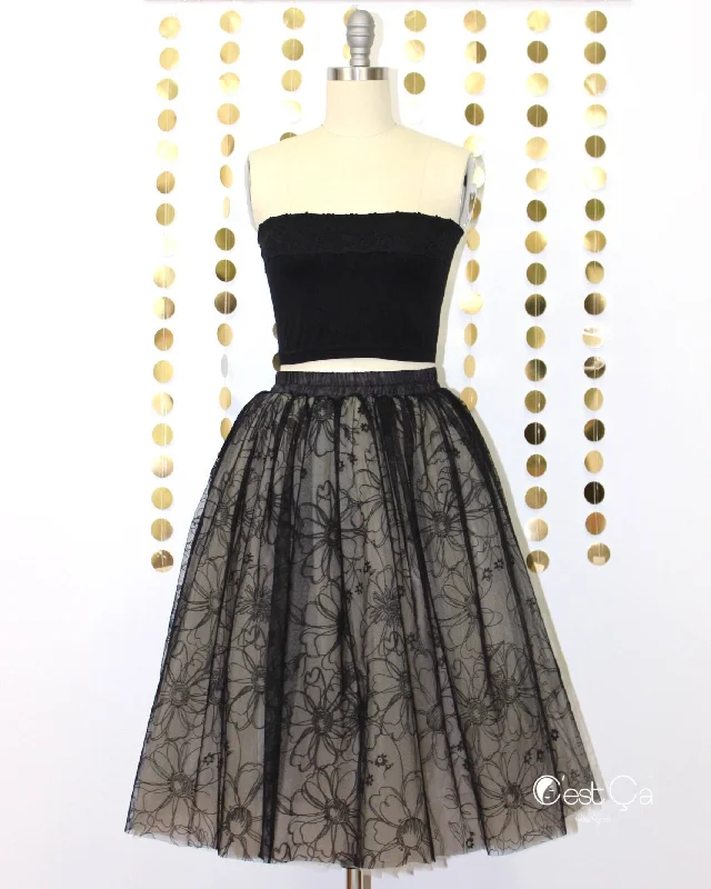 Cecile Black Floral Tulle Skirt - Midi ruffled skirt detail