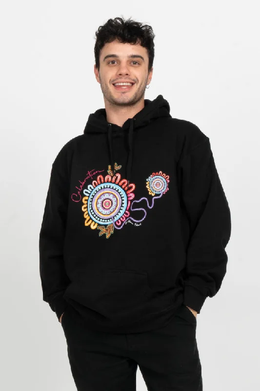 Celebration Black Cotton Blend Unisex Hoodie Hoodie with Hem Frayed Vintage Worn