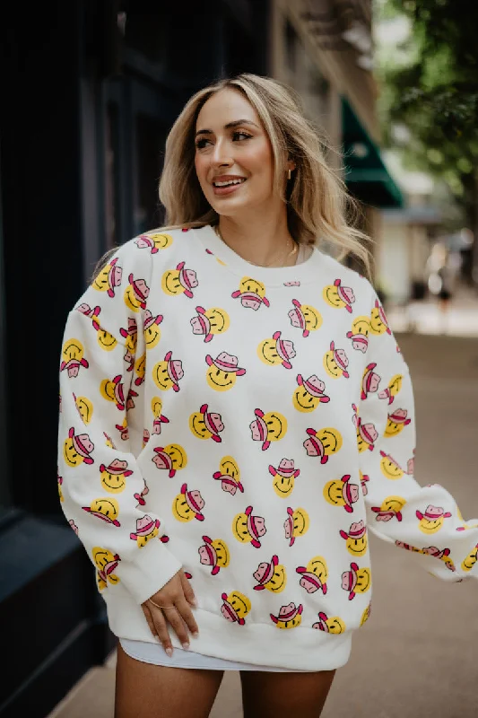 Cowboy Happy Face All Over Print Sweatshirt for Women Cotton Hoodie Fleece Lining Warmth Cowboy Happy Face All Over Print Sweatshirt for Women Cotton Hoodie Fleece Lining Warmth