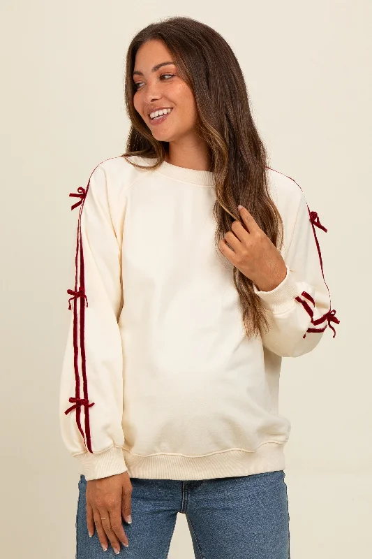 Cream Velvet Bow Accent Maternity Sweatshirt Hoodie with Bell Sleeves Flared Feminine